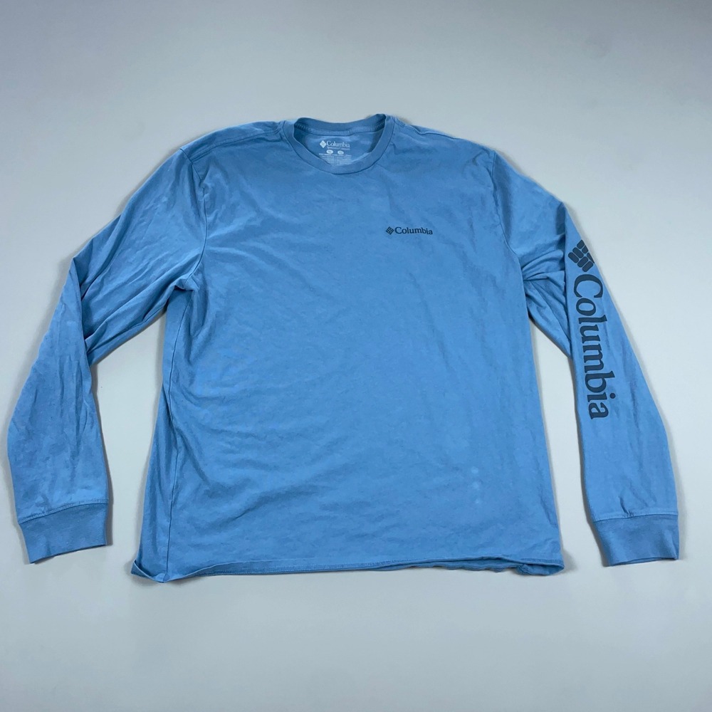 Columbia Sportswear Mens XL Long Sleeve Graphic T-Shirt Light Blue Cotton Tee